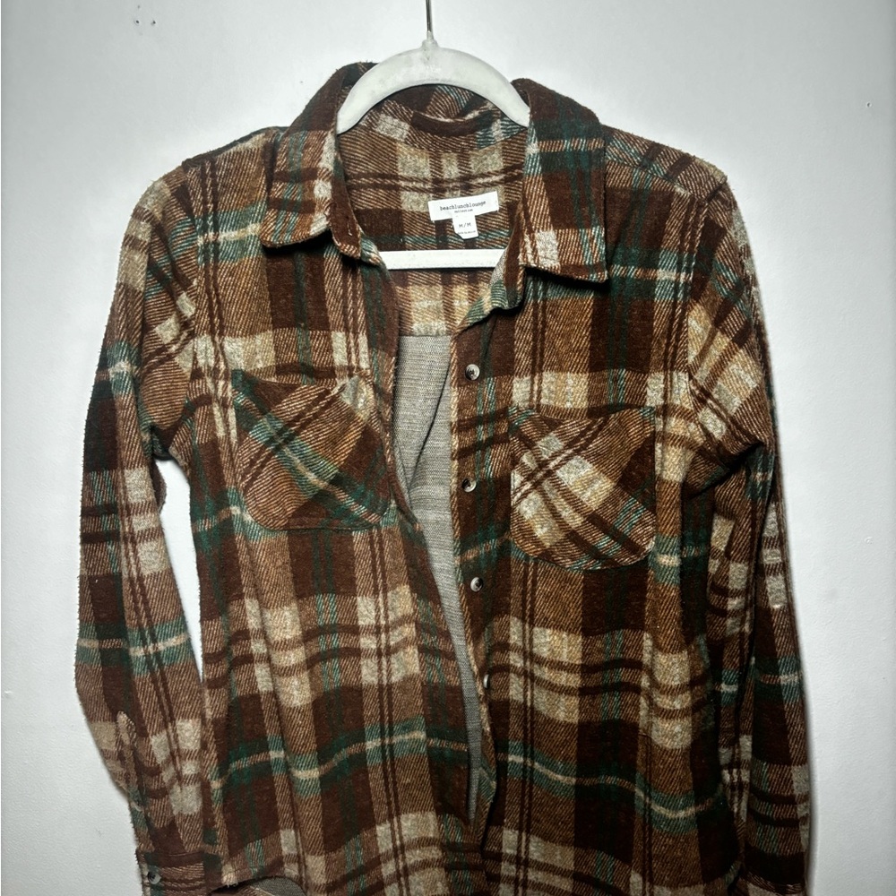 beachlunchlounge Brown and Green Plaid Flannel Jacket